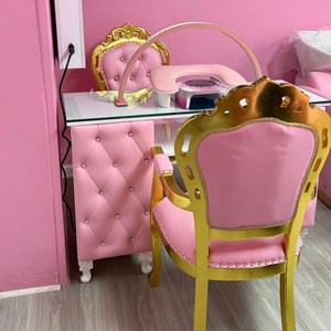 Tırnak iş istasyonu <span class=keywords><strong>Salon</strong></span> ekipmanları tek manikür masası ve sandalye seti lüks kadife pembe deri toz toplayıcı ahşap tırnak masası - Product Image 3