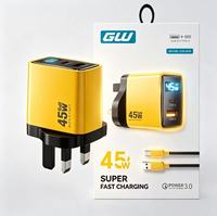 Chargeur USB-C PD 45W à affichage numérique pour téléphone portable, prise UK 3 broches, adaptateur secteur USB-C à charge rapide 45W