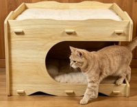 Niche pour chat à deux niveaux en imitation bois, avec doublure en sisal double couche, grand lit cachette pour chat à entrée ronde, griffoir multi-surfaces
