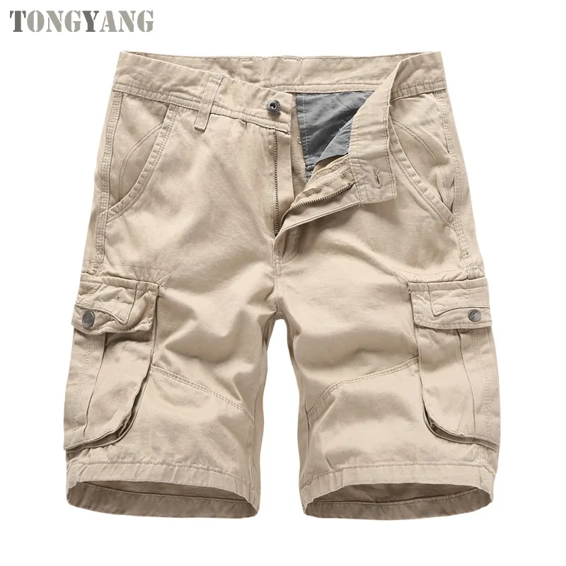 TONGYANG Moda Hombre Algodón Caqui Cargo Shorts Hombres Pantalones tácticos Casual Bolsillo grande Deportes Cargo Pantalones Tallas grandes para hombre