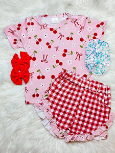 GSSO3471 CUSTOM Conjunto sin mangas para niña pequeña con estampado de flores rojas y azules y lazos rojos, venta al por mayor - Product Image 5