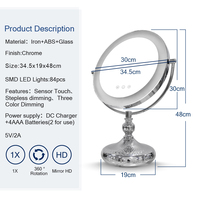 Miroir de maquillage rond chromé avec anneau lumineux intégré, support inclinable en U, miroir de vanité LED de table avec base taillée en diamant