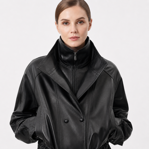 <span class=keywords><strong>Abrigo</strong></span> de piel de cordero encerada ligera Obsidian Black para mujer, estilo trench medio, con doble cuello, cintura fruncida, cremallera, cortavientos, teñido liso, para invierno, casual - Product Image 5