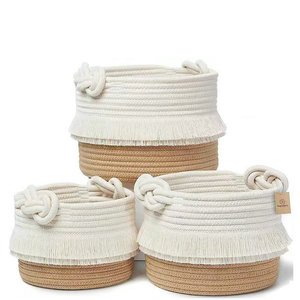 Handmade Cotton <b>Rope</b> Woven <b>Storage</b> <b>Basket</b> Round White And Brown Tassel Design Toy Organizer Standing Type - Product Image 1