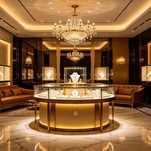 Vitrine de présentation de bijoux de luxe GZowin, ronde, dorée, haut de gamme, avec éclairage LED, dessus en verre, écologique, durable, pour usage en musée ou en magasin. - Product Image 1