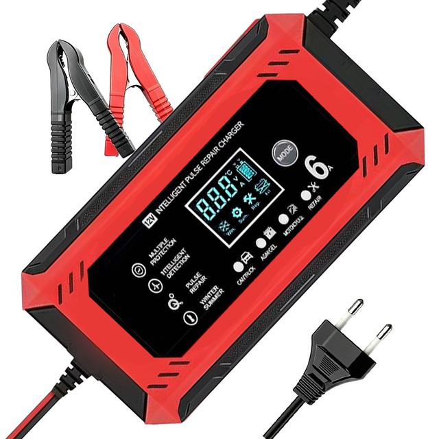 12V6A Motorcycle and Car Battery Charger Smart Universal Repair-Type Lead-Acid Battery Charger with Digital Display AC Input