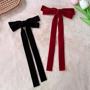 Aksesori rambut anak perempuan Retro klasik hitam merah manis suasana penjualan laris jepit rambut busur pita panjang beludru untuk anak perempuan - Product Image 1