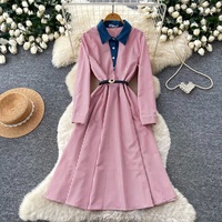 Robe longue en jean coréen patchwork color block 2026 pour femme, cintrée à la taille, élégante, coupe trapèze, pour le bureau et le quotidien