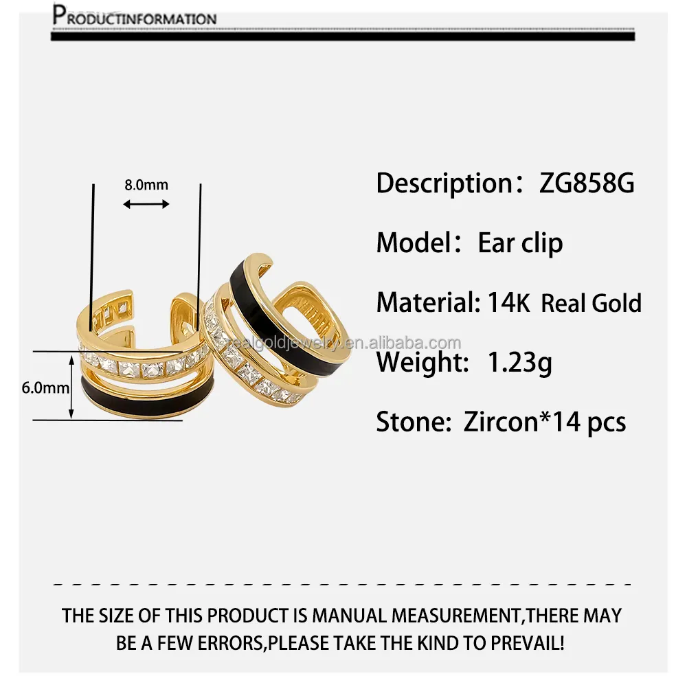 New Arrival Square Zirkon Ohrring Manschette Echte 14 Karat Gold Schwarz Emaille Ohrringe Fine Jewelry Unisex