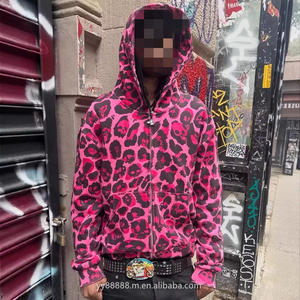 Vestes de travail à capuche zippées pour hommes, en <span class=keywords><strong>molleton</strong></span> de coton 450 GSM, imprimé guépard rose camouflage, col montant, effet délavé, OEM, fournisseur d'usine sur mesure - Product Image 1