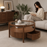Table basse ronde Japandi avec surface en verre, tiroir de rangement en bois et 4 pieds