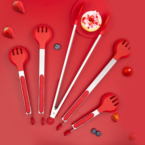 Plump <b>Silicone</b> Food Clips Round Headed Stainless Steel Kitchen Tongs For Salad Bread Steak Fish Barbecue Dinner <b>Tools</b> Red And - Product Image 1