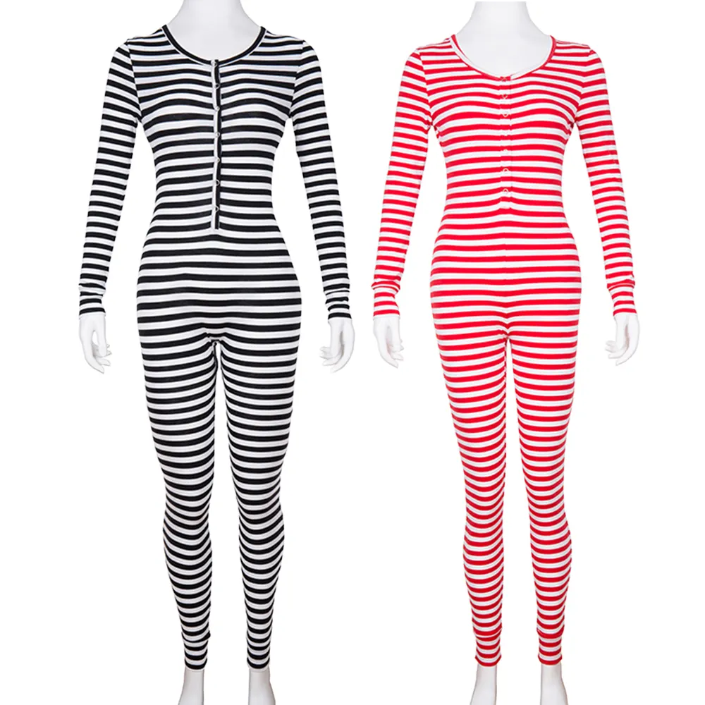 Erwachsene One Piece Long Pants Open Crotch Onesie Pyjamas für Frauen Stripe Pyjamas
