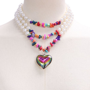 European American <b>Cross</b> Border Jewelry Pearl <b>Chain</b> Heart Pendant Necklace For Women Colorful Red Party Fashion Multi Layer - Product Image 2
