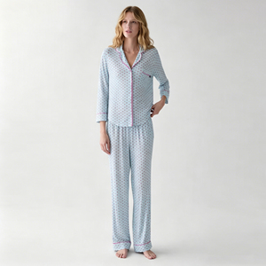 Customized Bamboo Fiber Cotton Women's Printed Long Sleeve Lapel Top and pants Soft Solid Color Collar Elastic Pajama Set - Product Image 2