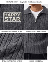 Pull Polo Homme Personnalisé en Maille Câblée avec Fermeture Éclair Courte, Broderie Texte Blanc Vintage, Streetwear, Haut à Manches Longues en Maille