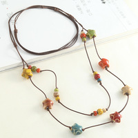 Collier en céramique vintage, long, coloré, à double rangée de perles en porcelaine empilées, chaîne de pull, pendentif bohème vintage, bijoux