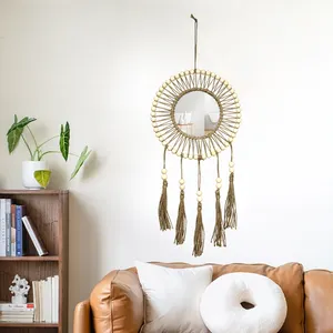 Mộc Mạc Tường Gương Treo Handmade Vòng Trang Điểm Gương Với Gỗ Hạt Fringe Treo Tường Gương Phòng Ngủ Vườn Ươm Trang Trí Nội Thất