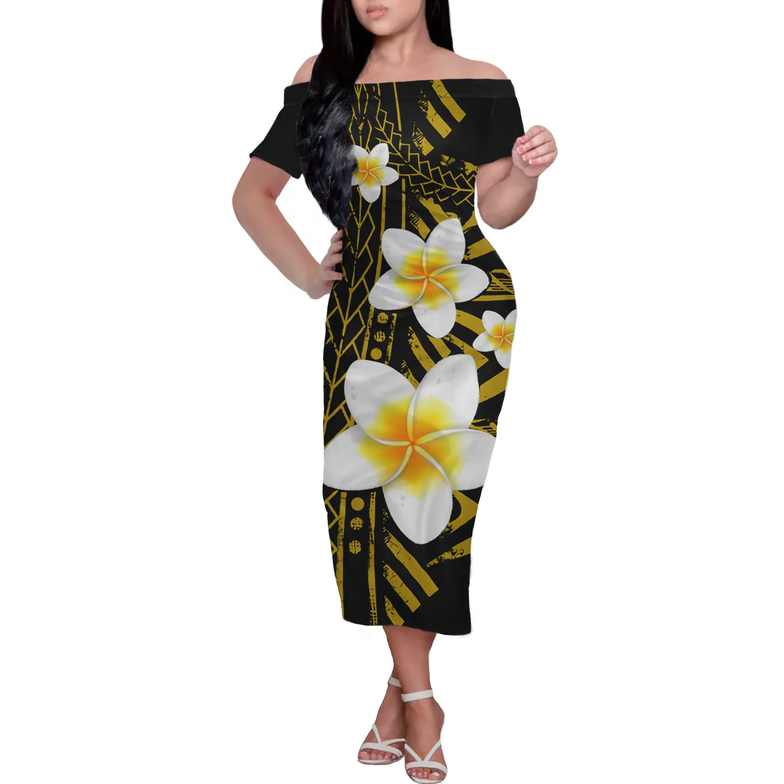 도매 가격 좋은 품질 폴리네시아 사모아 부족 디자인 사용자 정의 짧은 소매 닫기 피팅 오프 숄더 드레스