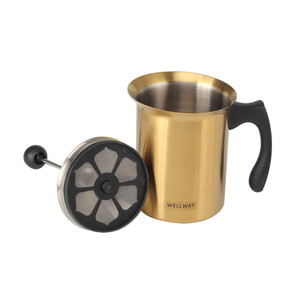 Mousseur à lait manuel en acier inoxydable à double maille, pompe à main pour lait et crème, pour café, latte, cappuccino - Finition dorée - Product Image 5