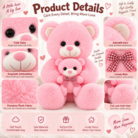 Ours en peluche rose, grande et petite taille, maman et bébé, avec nœud à carreaux, vente en gros directe d'usine, pour cadeau de Saint-Valentin