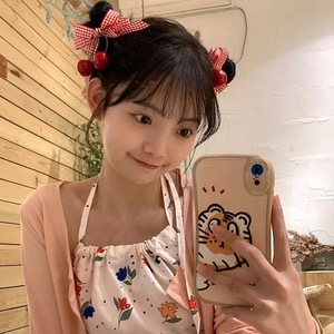 Sweet and charming Japanese and Korean style cherry fabric <b>bow</b> hair <b>clip</b> with double-layered lace and strawberry design. - Product Image 2