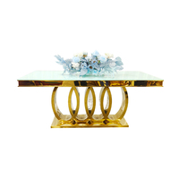 Mesa de Comedor de Lujo de Acero Inoxidable Dorado con Cubierta de Vidrio Templado, Adecuada para Decoración de Fiestas y Alquiler