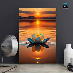 Impression sur toile sans cadre Lotus, Peinture abstraite moderne de coucher de soleil, Décoration murale pour salon, Bleu jaune vibrant, Cadeau <span class=keywords><strong>zen</strong></span> pour la maison - Product Image 1