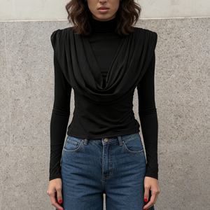 Women's Draped Cowl Neck Long Sleeve <b>Top</b> - Ruched Shoulder Slim Fit Blouse Shirt <b>Top</b> Fashion - Product Image 2