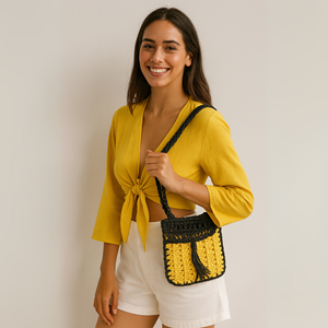 Bolso Bandolera de Ganchillo Hecho a Mano, Bolso de Hombro de Algodón Amarillo y Negro para Mujer, con Borla, Estilo Boho, para Playa, Festival, Verano, para Teléfono - Product Image 4
