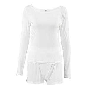 QINSI Casual <span class=keywords><strong>pigiama</strong></span> <span class=keywords><strong>bianco</strong></span> da <span class=keywords><strong>donna</strong></span> Set O collo a maniche lunghe Top solido Shorts Loungewear da <span class=keywords><strong>donna</strong></span> Set <span class=keywords><strong>pigiama</strong></span> traspirante da <span class=keywords><strong>donna</strong></span> - Product Image 4
