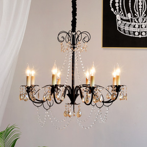 French Retro <b>Style</b> Crystal Chandelier Black Multi <b>Head</b> LED Light For Living Room Bedroom - Product Image 1
