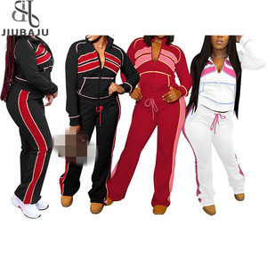 Ensemble de survêtement pour <span class=keywords><strong>femme</strong></span>, nouvelle mode automne, 2 pièces, veste courte à <span class=keywords><strong>fermeture</strong></span> <span class=keywords><strong>éclair</strong></span> et pantalon, patchwork à rayures, streetwear - Product Image 1