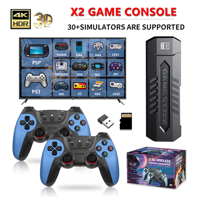 X2 Blue Ultra Gaming Consoles 4K Retro Family TV Video Game Consoles Gamepad Game Stick Classic 64GB 30000 Games for Psp/Ps1
