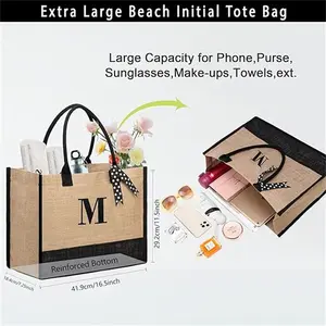 Bolso de arpillera con logotipo impreso personalizado de fábrica al por mayor, bolso de compras reutilizable ecológico con letras y yute