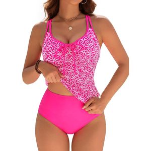 Traje de baño tankini para mujer, cintura alta, control de abdomen, conjunto de bikini de dos piezas con estampado floral, rosa intenso, talla L - Product Image 1