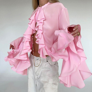 Camicie Casual in Chiffon Bianco con <span class=keywords><strong>Volant</strong></span> Linad, Bluse e <span class=keywords><strong>Top</strong></span> Femminili con Maniche a Campana e <span class=keywords><strong>Volant</strong></span> Laminati - Product Image 1