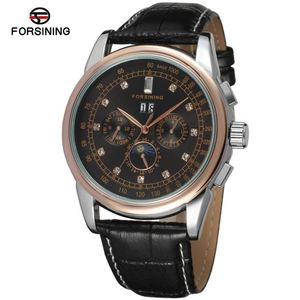 Orologio da Uomo Meccanico FORSINING 319 Marrone con Cinturino in Vera Pelle Particolare, 3 Quadranti, Fasi Lunari e Datario, Orologio da Lavoro - Product Image 4