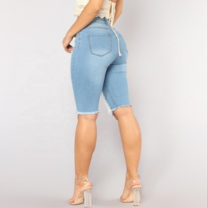 Bleu clair Midi Denim Trou Déchiré Dames <span class=keywords><strong>Jean</strong></span> <span class=keywords><strong>Court</strong></span> <span class=keywords><strong>Short</strong></span> <span class=keywords><strong>En</strong></span> <span class=keywords><strong>Jean</strong></span> - Product Image 3