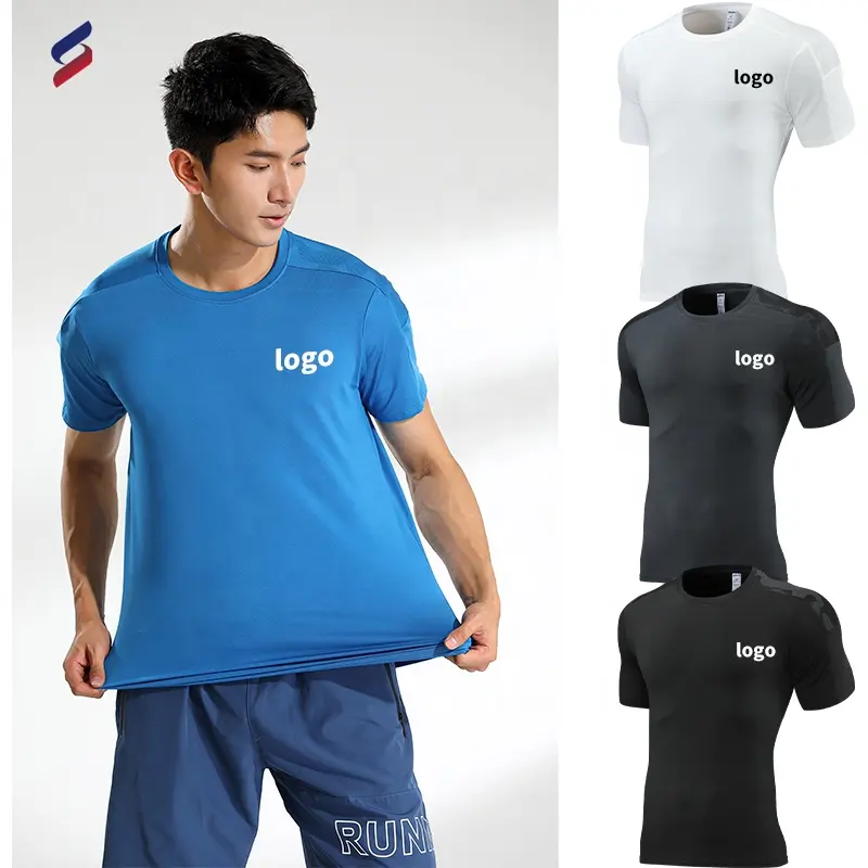 Camiseta esportiva masculina de secagem rápida para corrida, camiseta preta com estampa personalizada para academia, 100% poliéster, casual 237