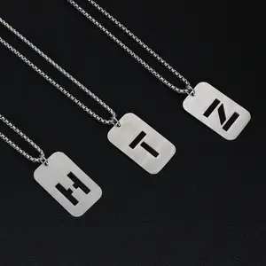 sweater chain stainless steel DIY custom initial necklace openwork letters alphabet cut square pendant necklace