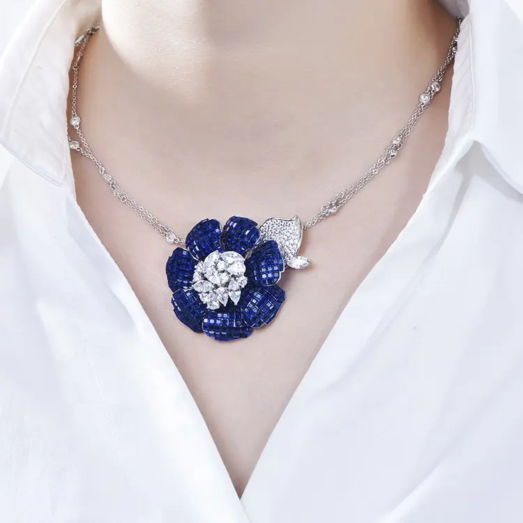 60cm long chain Invisible setting diamond necklace flower statement necklace silver flower zircon necklace