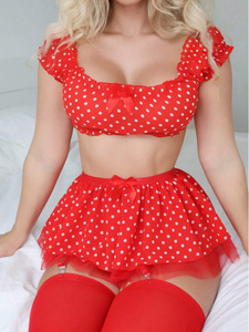 Ensemble Deux Pièces <span class=keywords><strong>Lingerie</strong></span> <span class=keywords><strong>Sexy</strong></span> à Pois Épaules Dénudées Type Jupon, en Stock Usine, Vente en Gros - Product Image 6