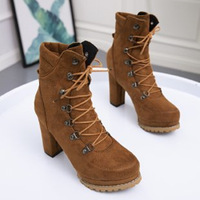 Bottines à plateforme pour femmes, style western tendance, bout rond, rivets, lacets, talons hauts 6-8 cm, PU+caoutchouc, automne-hiver, antidérapantes
