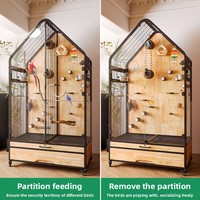 Cage à oiseaux panoramique de luxe en bois massif, conception de villa d'oiseaux de taille moyenne à grande avec bouton de bricolage mobile respirant pour animaux de compagnie