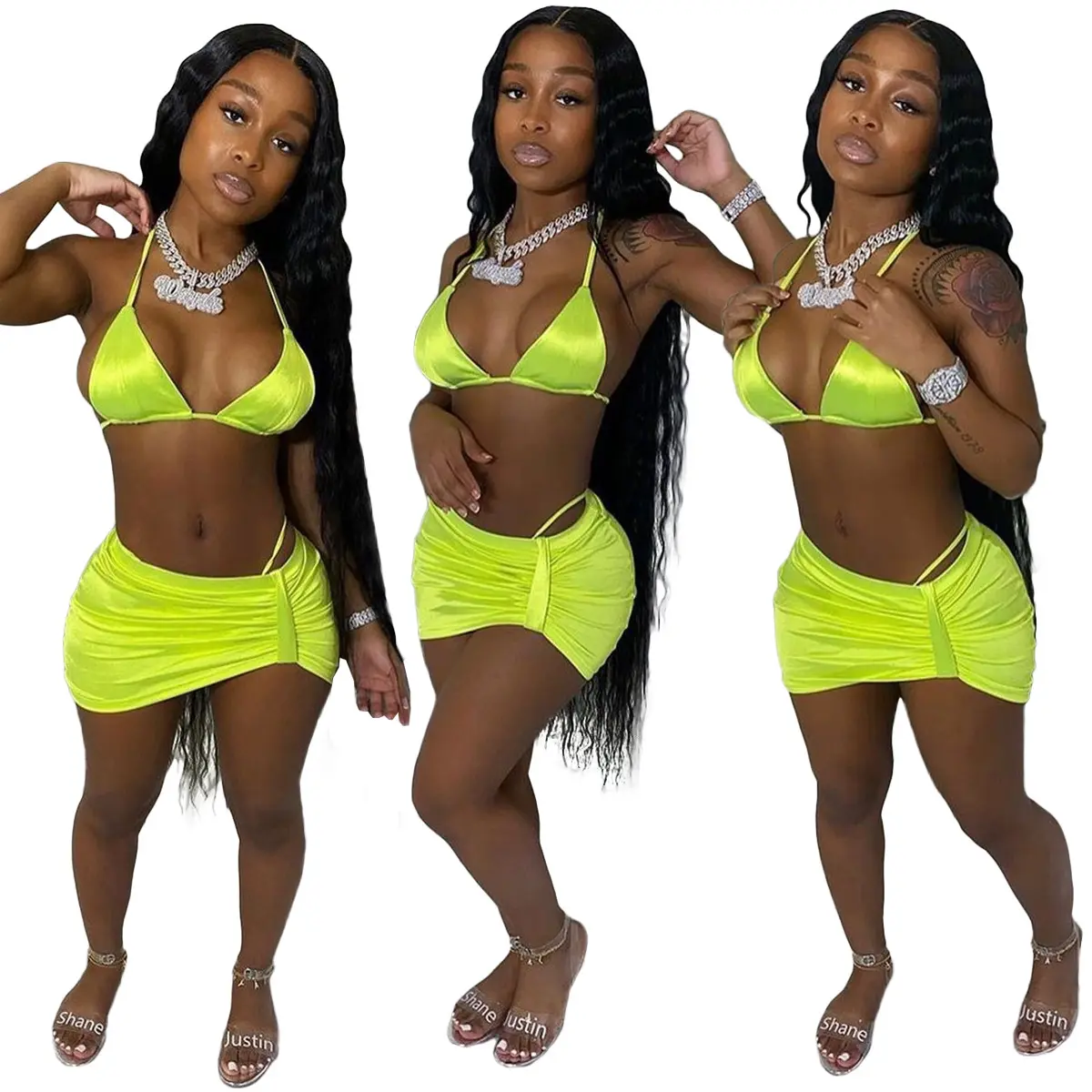 Neon Groene Badpak 3 Stuk Bathingsuits 2021 Womens Badmode Mini Braziliaanse Bikini