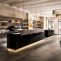 Comptoir de bar en marbre de surface solide, design personnalisé, forme sur mesure, comptoir de bar de restaurant durable avec vitrine en verre