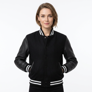 Custom Logo Winter Men's Genuine Leather Varsity Jacket Breathable Stand Collar Black College Baseball Front - Product Image 1
