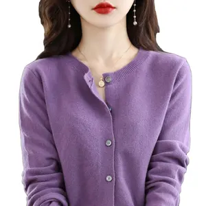 Wholesale 15color options knitted cardigan Cash feel like crewneck sweater cardigan women long sleeve solid color coat for women