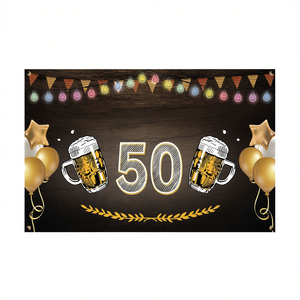 Pancarta dorada para el 50.º cumpleaños, telón de fondo rectangular de plástico para decoraciones de fiesta de cumpleaños con jarras de cerveza y globos - Product Image 1